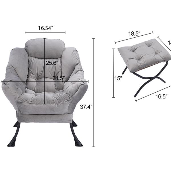 Living Room Chairs Modern Cotton Fabric Lazy Chair, Contemporary Lounge Chair, Single Steel Frame Leisure Sofa Chair with Armrests and A Side Pocket (Light Gray ),with ottoman ,with footrest