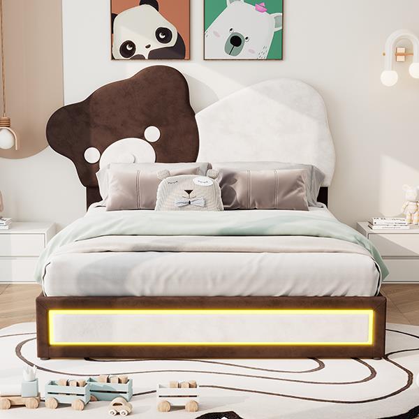 Full Size Upholstered Platform Bed with Bear Shaped Headboard, LED Light Strips, White + Brown