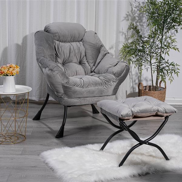 Living Room Chairs Modern Cotton Fabric Lazy Chair, Contemporary Lounge Chair, Single Steel Frame Leisure Sofa Chair with Armrests and A Side Pocket (Light Gray ),with ottoman ,with footrest