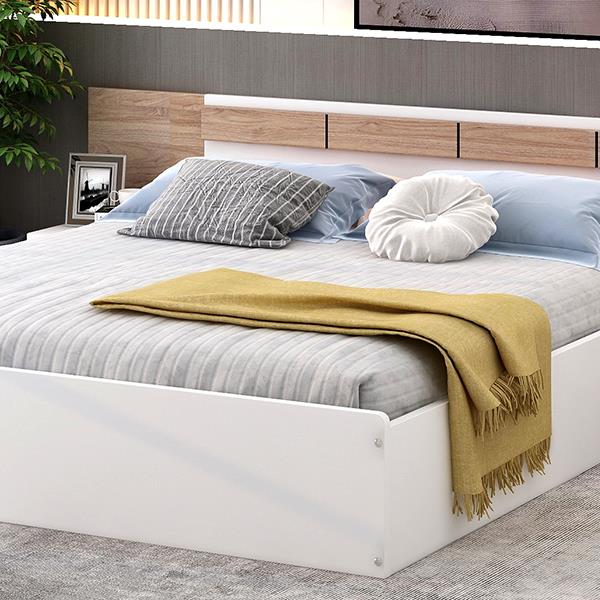 Queen Size Platform Bed with Headboard, Shelves, USB Ports and Sockets, White