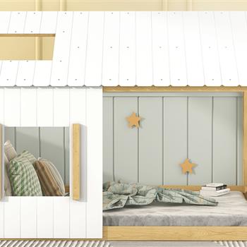 Full Size House Bed with Roof and Window - White+Natural