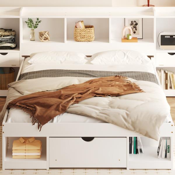 Queen Size Wood Platform Bed with Multi-storage Headboard and a Drawer, White(Expected Arrival Time: 6.16)