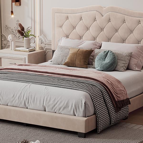 Queen Size Upholstered Bed Frame with Rivet Design, Modern Velvet Platform Bed with Tufted Headboard,Beige