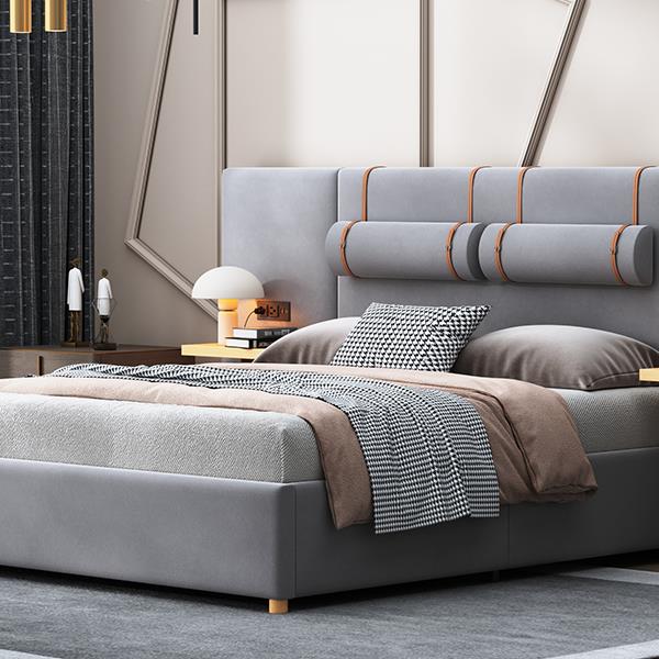 Queen Upholstered Platform Bed, Two Outlets and USB Charging Ports on Both Sides, Two Bedside Pillows, Storage Shelves, Gray