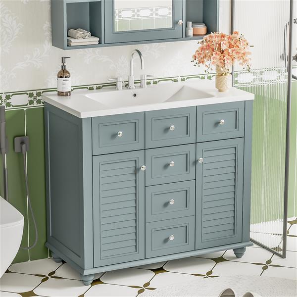 36" Bathroom Vanity Cabinet with Sink Combo Set, Undermount Resin Sink, Free Standing Vanity Set with 2 Drawers& Soft Closing Doors, Solid Wood Frame Bathroom Cabinet, Blue