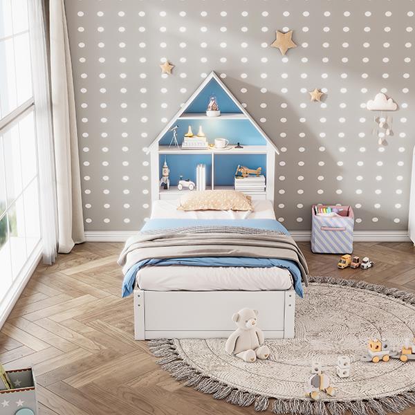 Twin Size House-Shaped Bed with Bookcase Headboard and Led Light and Twin Size Trundle for Kids Boys Girls, Blue+ White