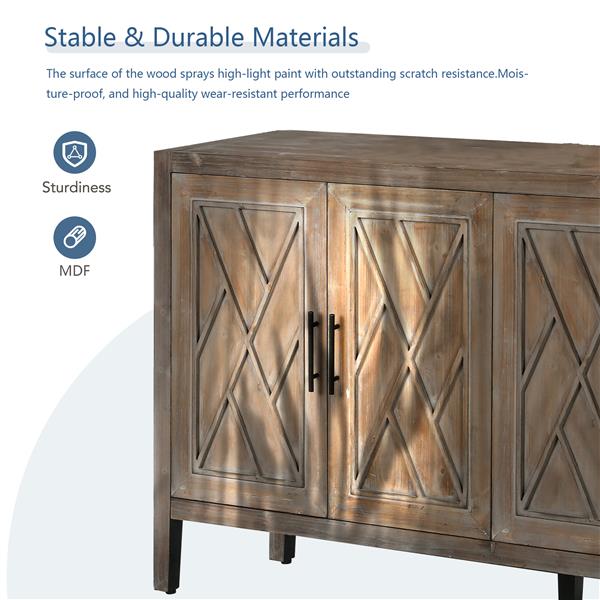 4 门木质斜纹餐柜 美式乡村复古旧式客厅餐厅门厅入口柜（棕色）-16