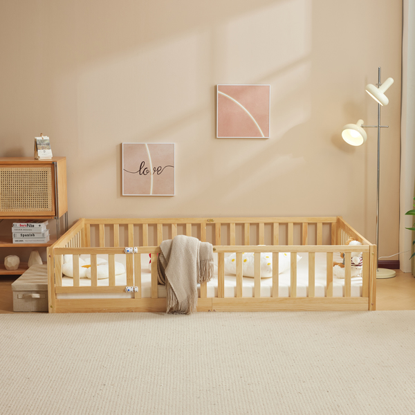 Fence bed with door and decking, natural wood color, painted surface, pine wood, full children's bed