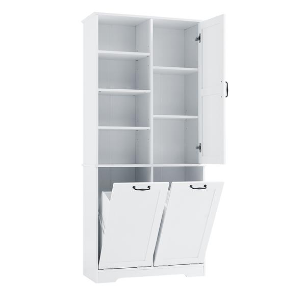 Bathroom Storage Cabinet with Doors and Drawers, Tilt-Out Laundry Hamper, Multiple Storage Space, Freestanding Style, Open Shelve, Adjustable Shelf, White