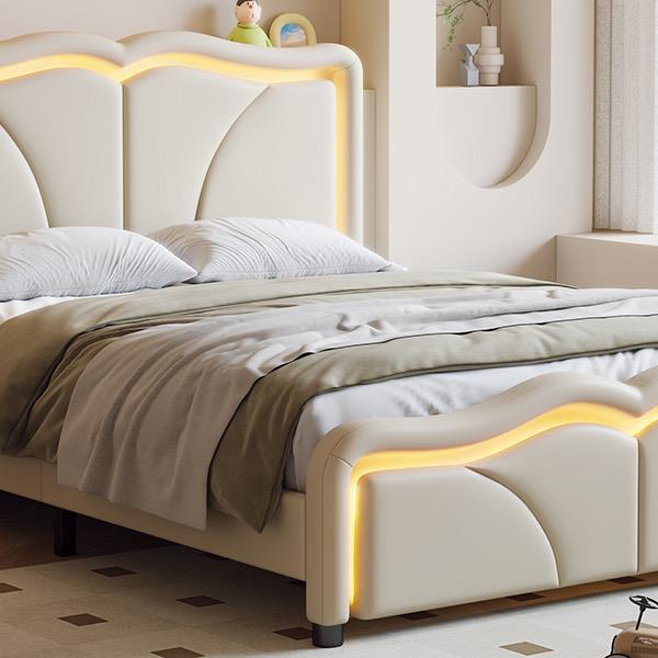 Full Size Upholstered Platform Bed with Curve Shaped and Height-adjustbale Headboard,LED Light Strips,White