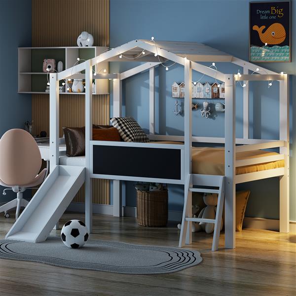 Twin Size Loft Bed with Ladder and Slide, House Bed with Blackboard and Light Strip on the Roof, White