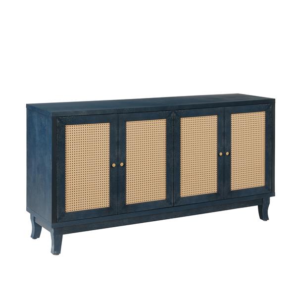 Handcrafted Premium Grain Panels,Rattan Sideboard Buffer Cabinet,Storage Cabinet With 4 Rattan Doors, Modern Storage Cupboard Console Table with Adjustable Shelves for Living Room ,BLUE