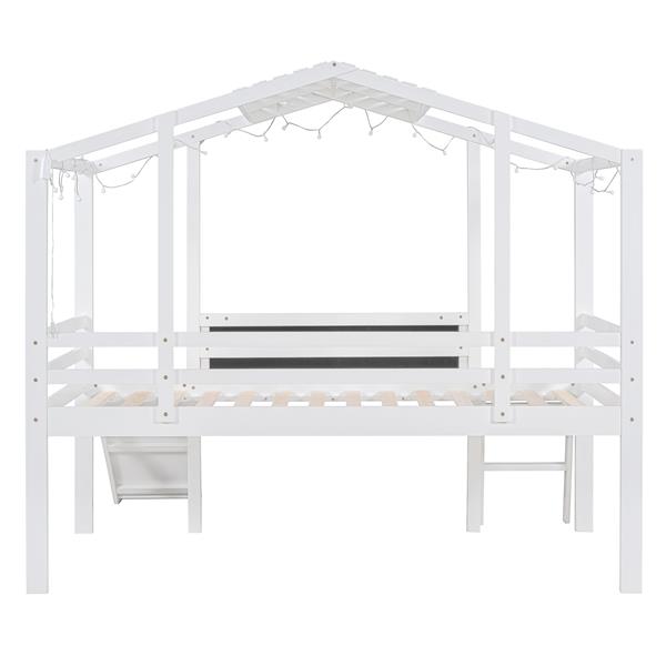 Twin Size Loft Bed with Ladder and Slide, House Bed with Blackboard and Light Strip on the Roof, White