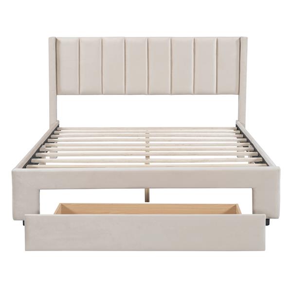 Full Size Storage Bed Velvet Upholstered Platform Bed with a Big Drawer - Beige