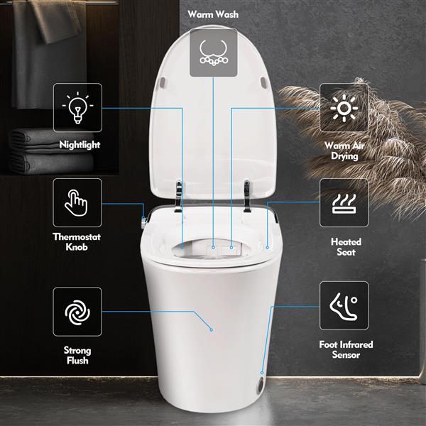 Luxury Smart Toilet with Dryer and warm water,  Elongated Bidet Toilet with Heated Seat, with Remote Control, LED Night Light, Power Outage Flushing, Soft Close Cover,Whit