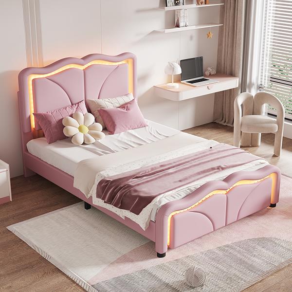 Twin Size Upholstered Platform Bed with Curve Shaped and Height-adjustbale Headboard,LED Light Strips,Pink