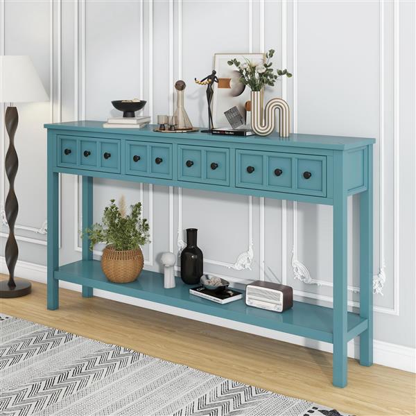 Rustic Entryway Console Table, 60" Long Sofa Table with two Different Size Drawers and Bottom Shelf for Storage (Turquoise Green)