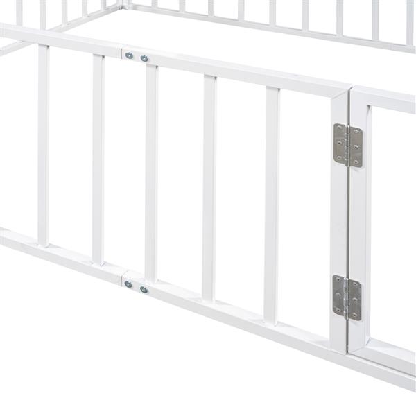 Queen Size Metal Floor Bed Frame with Fence and Door, White