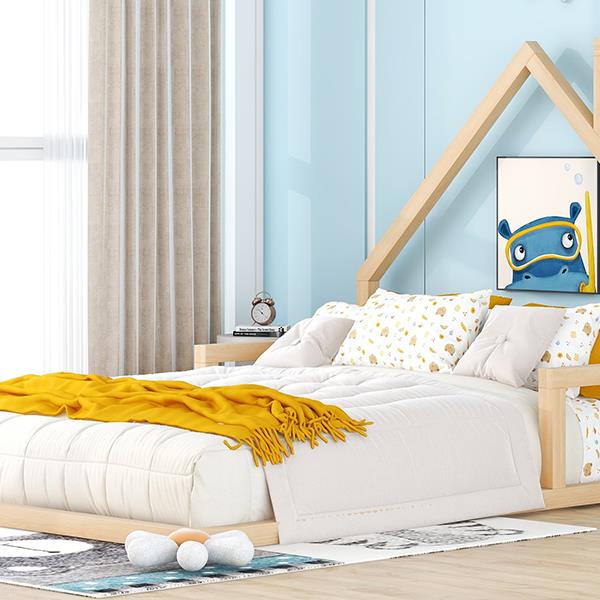 Full Size Wood Floor Bed with House-shaped Headboard, Natural