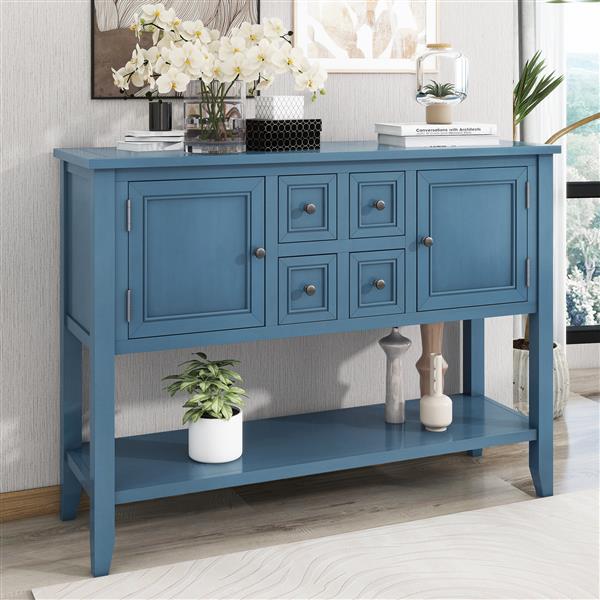 Series  Ample Storage Vintage Console Table with Four Small Drawers and Bottom Shelf for Living Rooms, Entrances and Kitchens (Light Navy