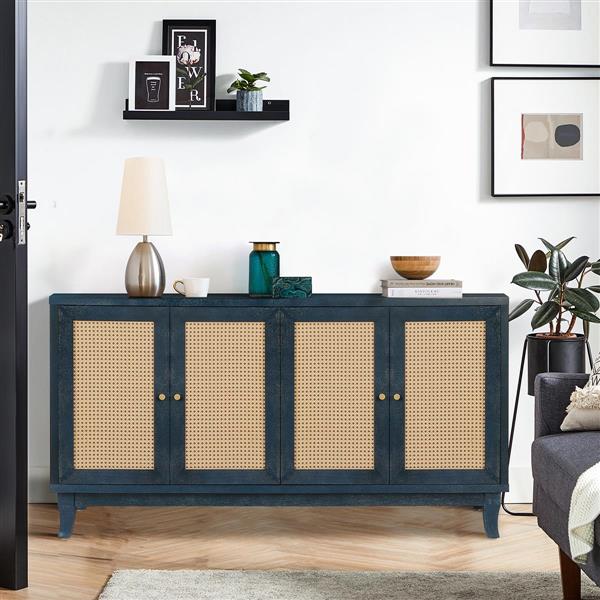 Handcrafted Premium Grain Panels,Rattan Sideboard Buffer Cabinet,Storage Cabinet With 4 Rattan Doors, Modern Storage Cupboard Console Table with Adjustable Shelves for Living Room ,BLUE