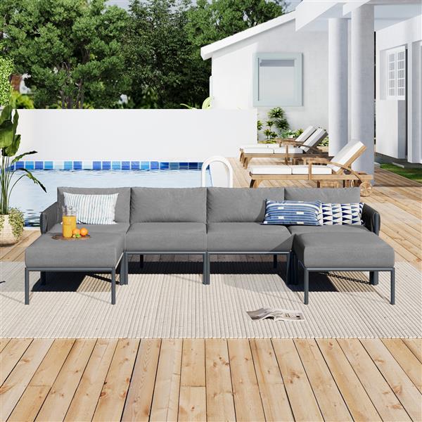 6-Pieces Aluminum Patio Furniture Set, Modern Metal Outdoor Conversation Set Sectional Sofa With Removable Olefin Extra Thick Cushions 5.9" Cushion, Grey