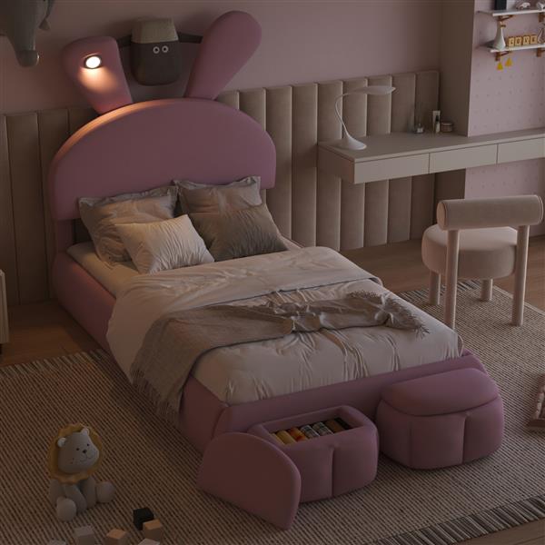 Twin Size Upholstered Platform Bed with Cartoon Ears Shaped Headboard and Light, Pink