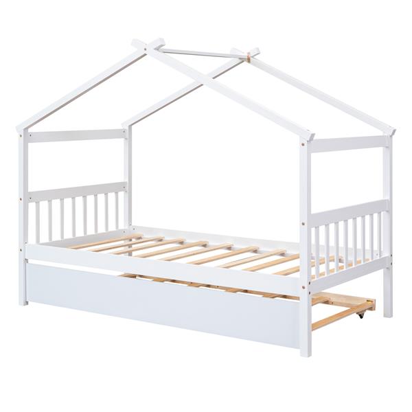 Twin Size Wooden House Bed with Twin Size Trundle, White