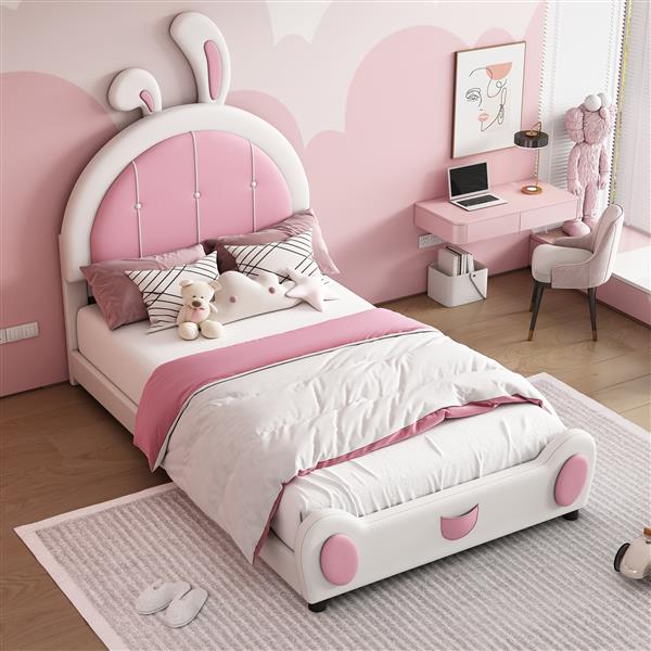 Twin Size Upholstered Platform Bed with Rabbit Shaped Headboard, White