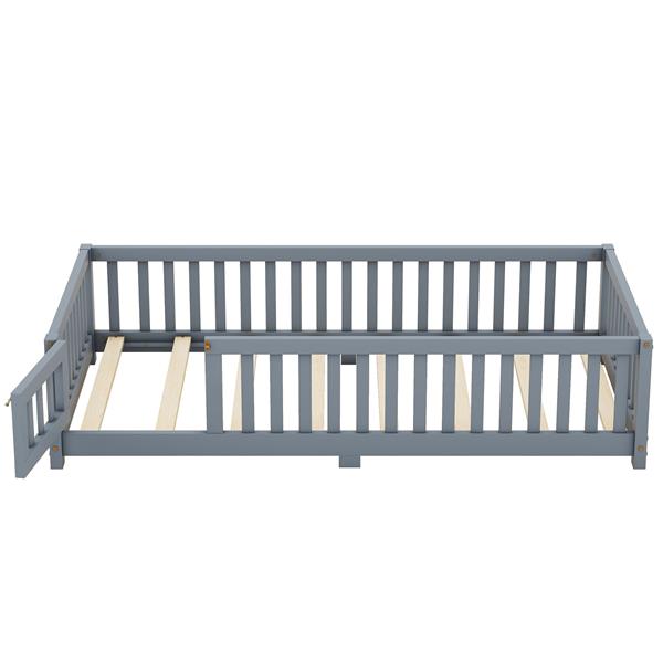 Twin Size Bed Floor Bed with Safety Guardrails and Door for Kids, Gray