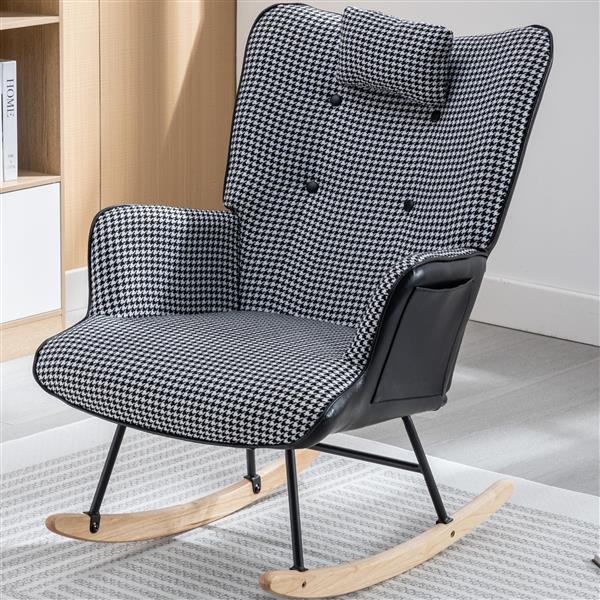 35.5 inch Rocking Chair, Soft Houndstooth Fabric Leather Fabric Rocking Chair for Nursery, Comfy Wingback Glider Rocker with Safe Solid Wood Base for Living Room Bedroom Balcony (black)