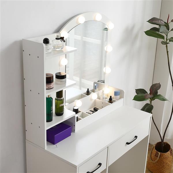 Vanity desk set including table with large lighted mirror,3 color lighting modes adjustable brightness, dressing table with 2 drawers, storage cabinet and upholstered stool, white color