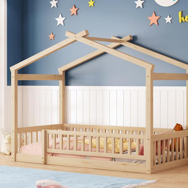 Twin Size Wood Bed House Bed Frame with Fence, for Kids, Teens, Girls, Boys,Natural