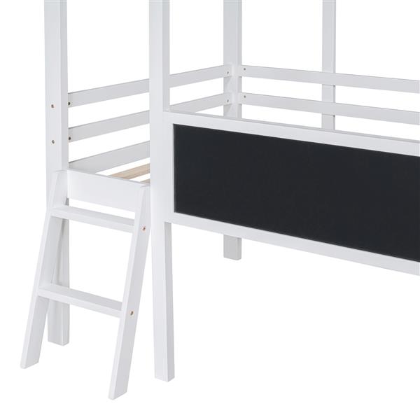 Twin Size Loft Bed with Ladder and Slide, House Bed with Blackboard and Light Strip on the Roof, White