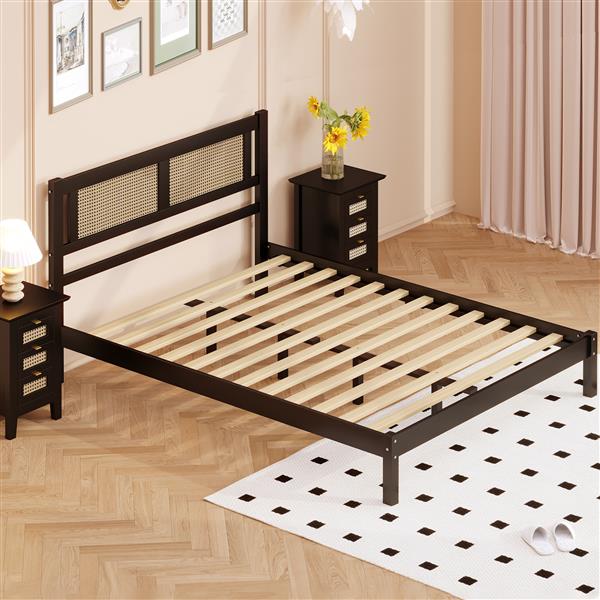 Full Size Wooden Platform Bed with Natural Rattan Headboard, Exquisite Elegance with Minimalist Charm for Bedroom, Black