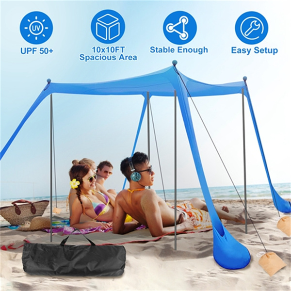 Beach Tent Canopy Pop Up Shade 10x10ft Sun Shelter Portable Family UPF50+ with 4 Sandbags-4 Aluminum Poles-4 x Ropes-Carrying Bag for Outdoor Camping Fishing Backyard Picnic（No shipments on weekends）