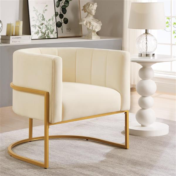 Upholstered Velvet Chair with Golden Metal Stand,Mid-Century  Living Room Leisure Chair with Curve Backrest  -Cream