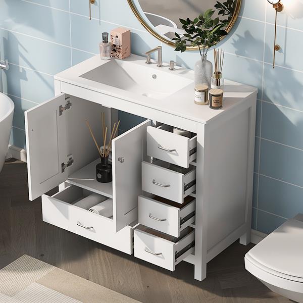 36" White Bathroom Vanity with Ceramic Sink Combo, Abundant Storage Cabinet -2 Soft-close doors and 5 drawers