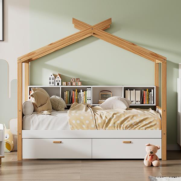 White Twin Size Wooden House Bed Original Wood Colored Frame with Two Drawers and Bookshelf Storage Space for Children or Guest Room