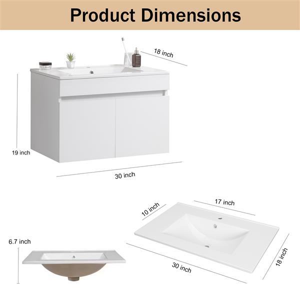 30 Inch Wall Mounted Bathroom Vanity with White Ceramic Basin,Two Soft  Close Cabinet Doors, Solid Wood,Excluding faucets,black