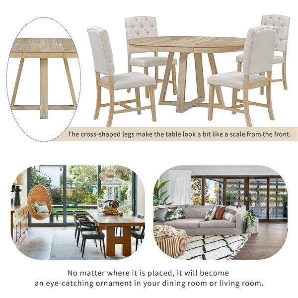 5-Piece Retro Functional Dining Set, Round Table with a 16"W Leaf and 4 Upholstered Chairs for Dining Room and Living Room (Natural)