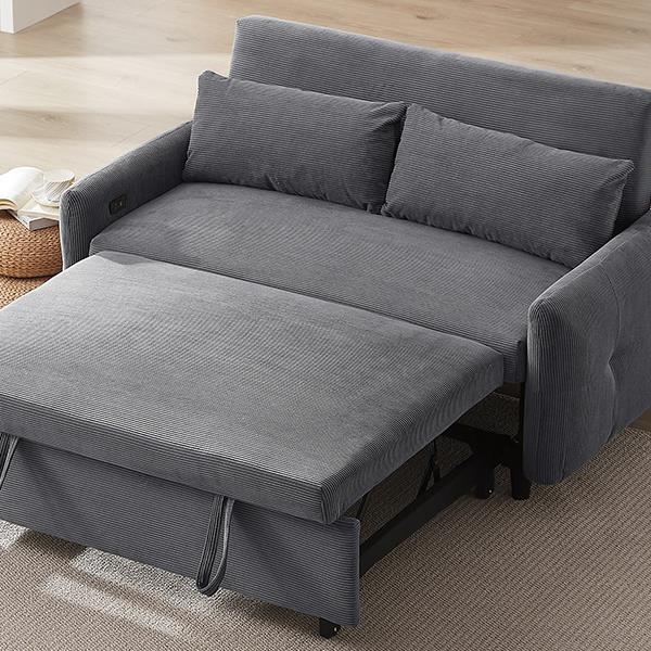 57.48" Pull-out Sofa Bed Convertible Couch 2 Seat Loveseat Sofa Modern Sleeper Sofa with Two Throw Pillows and USB Ports for Living Room, Dark Grey