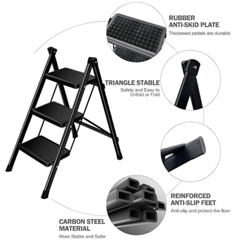 Portable Folding 3 Step Ladder Compact Heavy Duty Anti-Slip Mat Stool Black