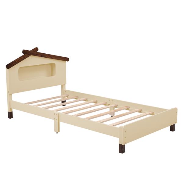 Twin Size Wood Platform Bed with House-shaped Headboard and Motion Activated Night Lights (Cream+Walnut)