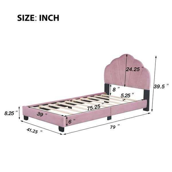 Twin Size Upholstered Velvet Platform Bed with Shell-Shaped Headboard, Pink