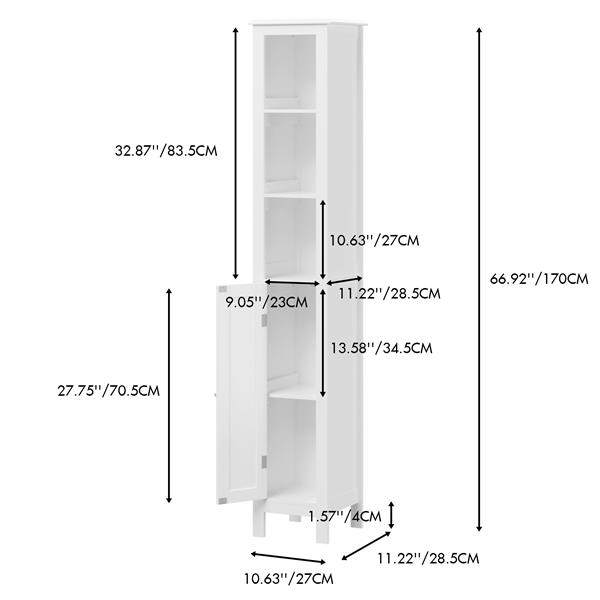 66.92" Tall Bathroom Storage Cabinet with Adjustable Shelves,1 Doors Freestanding Cabinet with Anti-Tip, Open compartments, for Home, Small Spaces, Bathroom,Kitchen, Living Room, White