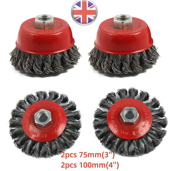 4pc Twist Knot Semi Flat Wire Wheel Cup Brush Set Kit To Fit 115mm Angle Grinder