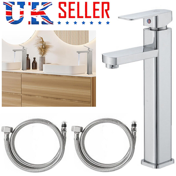 Modern Tall Counter Basin Mixer Tap High Rise Bathroom Sink Faucet Matt Silver