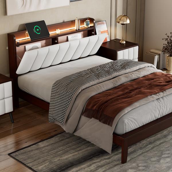 Full size Platform Bed with USB Charging Station and Storage Upholstered Headboard,LED Bed Frame,No Box Spring Needed,Walnut+Beige