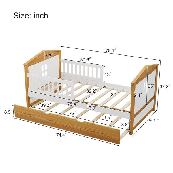 Twin Size House Shape Bed with Trundle Wooden Bed for Girls Boys Teens, No Box Spring Needed, Walnut and White